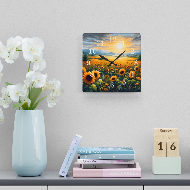 Sunflower Field Acrylic Wall Clock | Sunrise Landscape Art