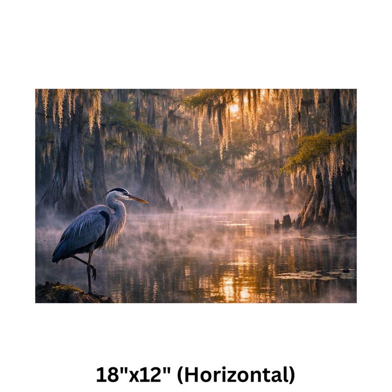 Poster | Louisiana Bayou Sunrise Print, Swamp Art, Southern Landscape, Nature Art, Tranquil Artwork

Step into the tranquil beauty of the Deep South with this atmospheric art print featuring a misty Louisiana swamp at sunrise. A majestic great blue heron stands poised on a mossy stump, its silhouette framed by golden light filtering through ancient cypress trees draped in Spanish moss. The still water mirrors the soft glow of dawn and scattered lily pads, creating a serene, dreamlike reflection.