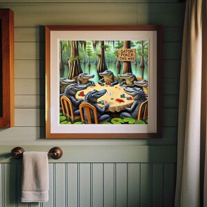 9-0178 | Printable Louisiana Art | Louisiana Swamp Art | Original Art Print | Gator Poker - Louisiana Alligators playing poker in a swamp.

The image depicts a whimsical scene of seven alligators gathered around a poker table in the middle of a swamp. The alligators are anthropomorphized, sitting on wooden chairs with their front legs resting on the table, holding poker chips and cards.