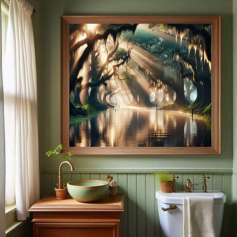 9-0186 | Printable Louisiana Art | Swamp Art | Louisiana Black Water - A captivating image of a tranquil Louisiana swamp, Original Art Print

Ethereal rays of sunlight pierce through a dense canopy of cypress trees, casting a golden glow over the tranquil waters of the Louisiana Bayou. In the distance, a rustic fishing cabin nestles softly amidst the trees, its silhouette blending harmoniously with the enchanting landscape.