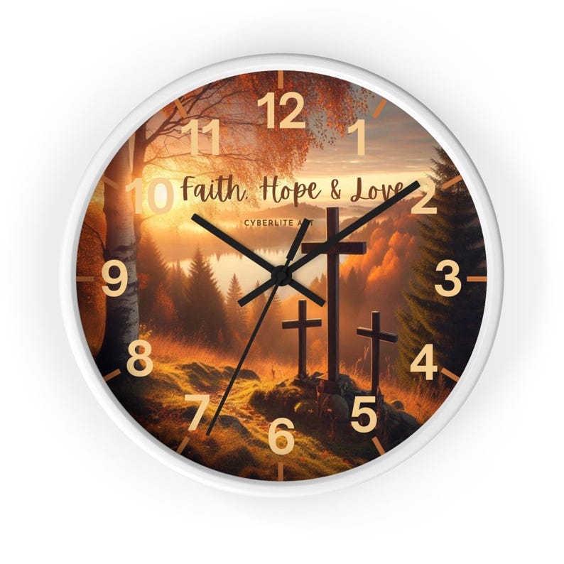 Faith, Hope & Love Wall Clock Print No. 9-113, Autumn Foliage Clock with Faith, Hope and Love written on clock face, Fall Foliage Clock.