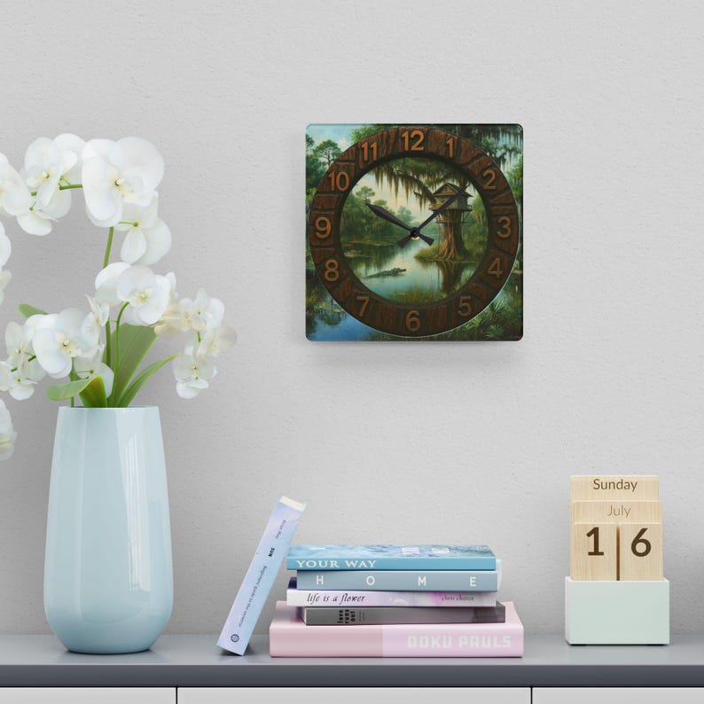 Louisiana Bayou Acrylic Wall Clock | 10.75 Inch Square Clock | Cajun and Swamp Country Decor | Tranquil Louisiana Swamp | Rustic Home Decor.