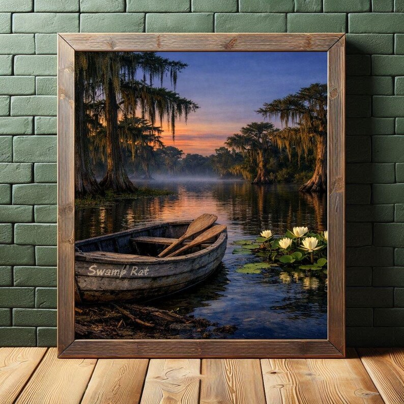 27-036 | Whispers of the Bayou | Louisiana bayou print, Southern Twilight Landscape Art (Digital Download)

A quiet hush settles over the Louisiana bayou as twilight drifts across still water. Mist rises between ancient cypress trees draped in long strands of Spanish moss, their reflections stretching across the glassy surface.