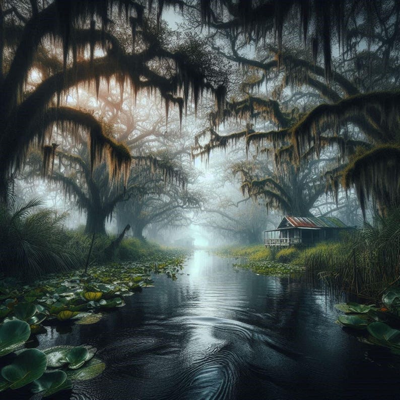 Rustic Bayou Cabin Print – Misty Swamp Wall Art, Cypress Trees, Southern Landscape Decor (Digital Download)