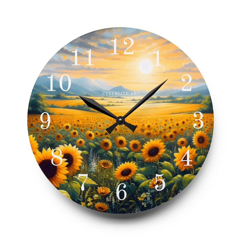 Sunflower Field Acrylic Wall Clock | Sunrise Landscape Art