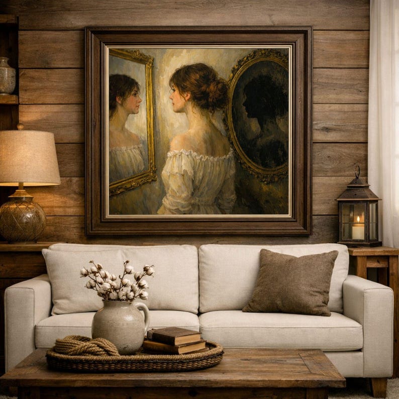 32-007 | Romantic Realism Wall Art | Woman in the Mirror – Symbolist Figurative Painting Print (Digital Download)

Step into the quiet beauty of Woman in the Mirror, a fine‑art print that captures the haunting duality of reflection and identity. Painted in a romantic realist style, this artwork portrays a young woman gazing into two mirrors — one bright and one shadowed — symbolizing light and introspection.