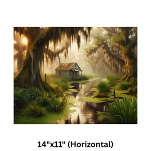 9-0128 | Louisiana Art | Southern Paradise - Rustic Louisiana Bayou Hideaway, Backwoods Bayou Art | Cajun Country Artwork. Poster printed on Museum-grade 300gsm satin paper will be shipped to your chosen address within the United States.

Bring the mysterious beauty of the Southern bayou into your home with this atmospheric art print featuring a rustic wooden cabin nestled in a misty swamp. Spanish moss drapes from ancient cypress trees as golden sunlight filters through the morning fog