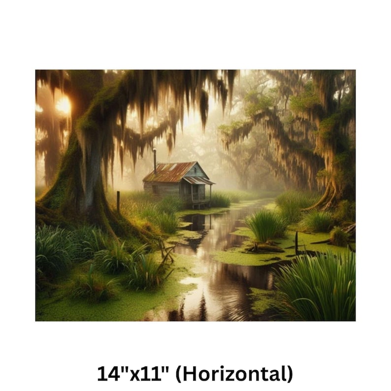 9-0128 | Louisiana Art | Southern Paradise - Rustic Louisiana Bayou Hideaway, Backwoods Bayou Art | Cajun Country Artwork. Poster printed on Museum-grade 300gsm satin paper will be shipped to your chosen address within the United States.

Bring the mysterious beauty of the Southern bayou into your home with this atmospheric art print featuring a rustic wooden cabin nestled in a misty swamp. Spanish moss drapes from ancient cypress trees as golden sunlight filters through the morning fog
