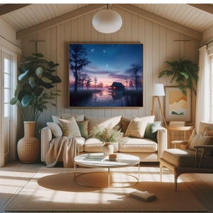 Louisiana Bayou Cabin Art – Mystical Cypress Swamp Twilight Print (Digital Download)