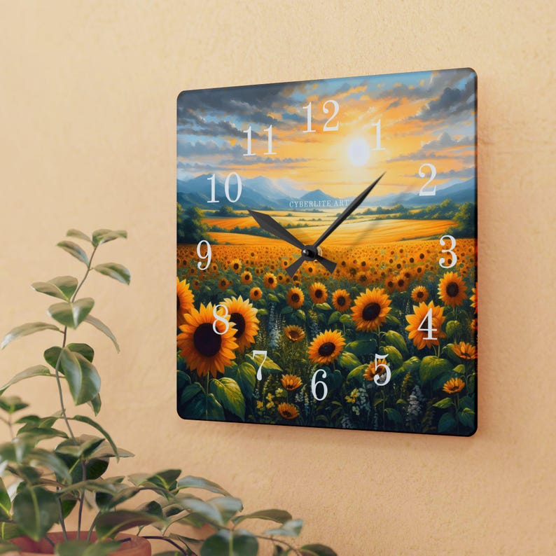 Sunflower Field Acrylic Wall Clock | Sunrise Landscape Art