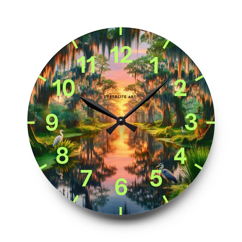Mossy Bayou Sunset Acrylic Wall Clock | Swamp Herons, Spanish Moss

Floating sunlight slips between cypress trunks as herons stand watch — this acrylic wall clock brings a quiet bayou morning into your room. Lightweight yet sturdy, the glossy print keeps colors rich so the sunrise and moss-draped branches glow against the clock face.
