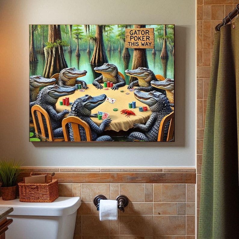 9-0178 | Printable Louisiana Art | Louisiana Swamp Art | Original Art Print | Gator Poker - Louisiana Alligators playing poker in a swamp.

The image depicts a whimsical scene of seven alligators gathered around a poker table in the middle of a swamp. The alligators are anthropomorphized, sitting on wooden chairs with their front legs resting on the table, holding poker chips and cards.