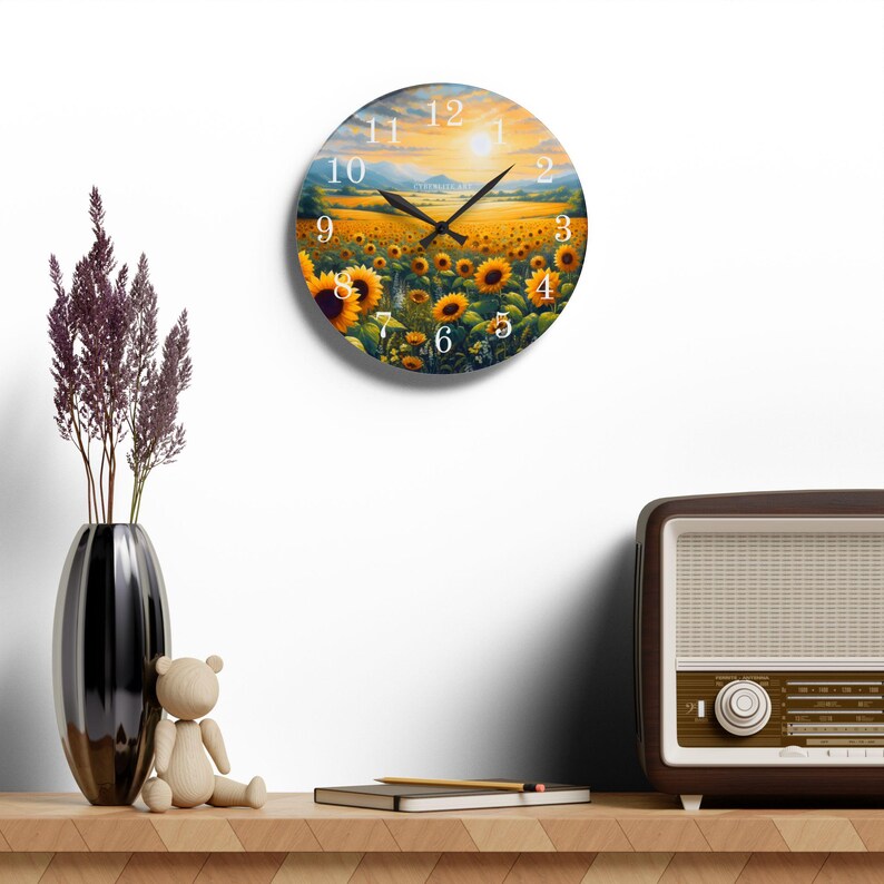 Sunflower Field Acrylic Wall Clock | Sunrise Landscape Art
