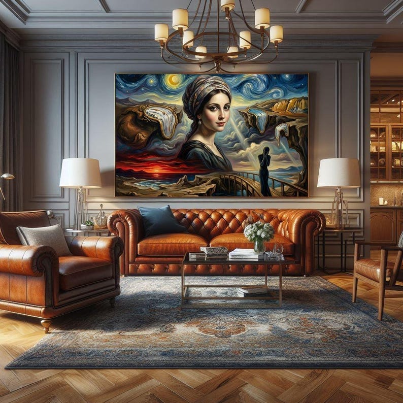 32-006 | Surreal Portrait Wall Art | Dreamlike Landscape with Melting Clocks, Fantasy Ocean Scene, (Digital Download)

Transform your space with this Surreal Wall Art Print, a stunning fusion of Van Gogh’s swirling Starry Night sky, Salvador Dalí’s melting clocks, and the timeless elegance of the Girl with a Pearl Earring.