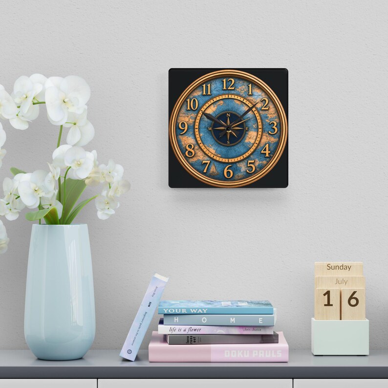 Vintage Nautical Compass Map Acrylic Wall Clock | Ocean Travel Decoration

Bring a touch of old-world navigation into your room with this acrylic wall clock. The rich brass tones and weathered blue map face evoke quiet afternoons studying charts and tracing routes across the sea. Lightweight but durable, the clock’s glossy acrylic surface keeps colors vivid while the built-in hanging slot makes mounting effortless.