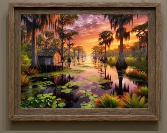 May include: A framed landscape painting depicts a serene swamp scene. The artwork features a small wooden cabin, lush greenery, and a vibrant sunset with orange and purple hues reflected in the water. The frame is made of wood.