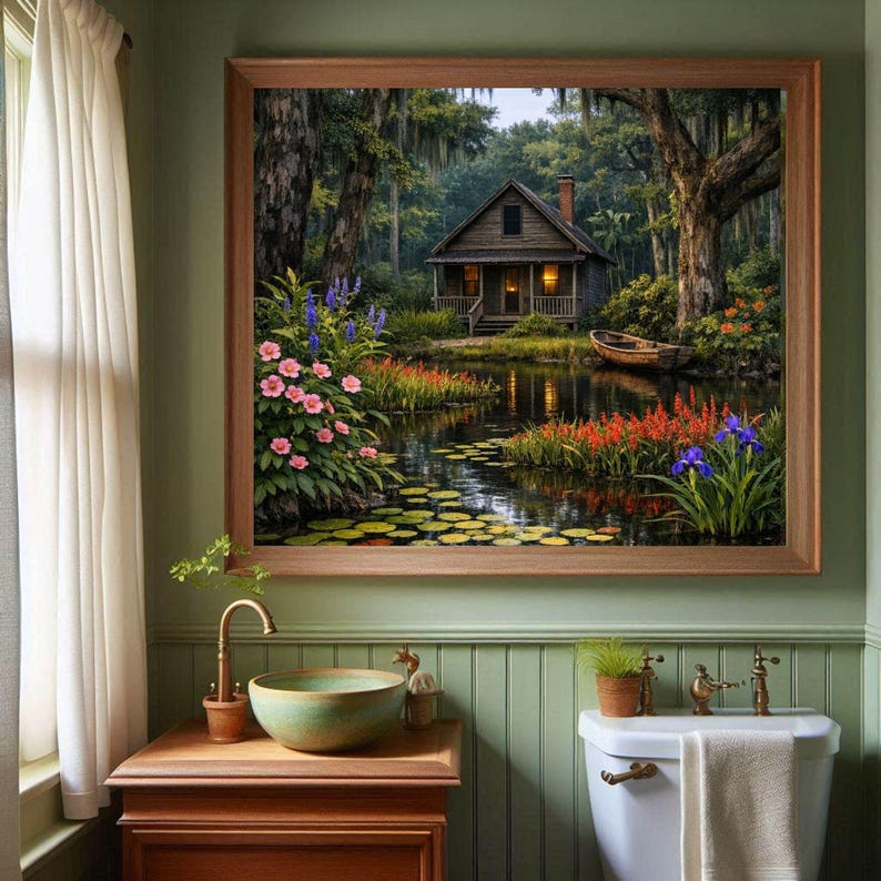 27-030 | Louisiana Bayou Art - Rustic Cabin Wall Print, Springtime on the bayou, (Digital Download). Step into the quiet beauty of a Louisiana spring morning with this richly detailed bayou art print. A rustic wooden cabin rests beside a calm pond surrounded by blooming hibiscus, lily pads, and moss-draped cypress trees.