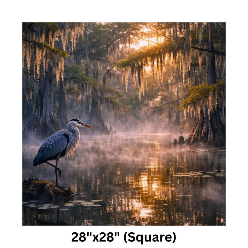 May include: A serene square print of a misty swamp scene featuring a great blue heron standing on one leg. The artwork showcases a tranquil waterscape with Spanish moss hanging from the trees. The print measures 28" x 28".