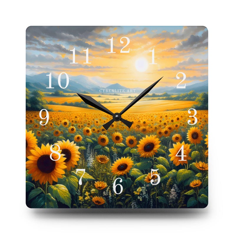Sunflower Field Acrylic Wall Clock | Sunrise Landscape Art