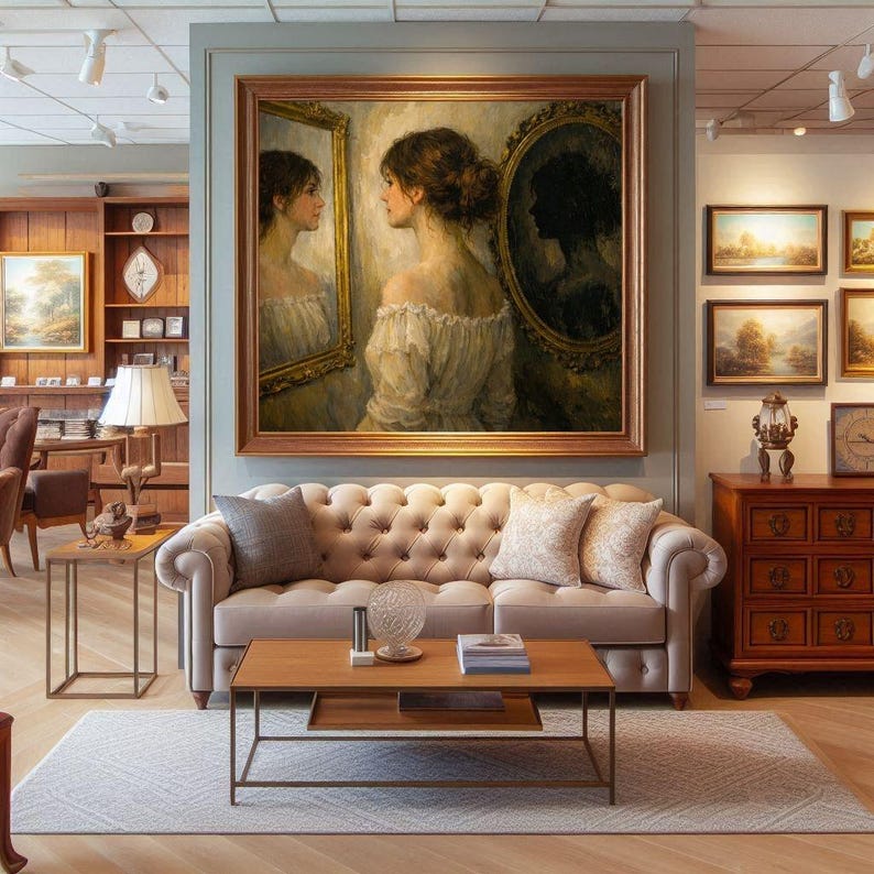 32-007 | Romantic Realism Wall Art | Woman in the Mirror – Symbolist Figurative Painting Print (Digital Download)

Step into the quiet beauty of Woman in the Mirror, a fine‑art print that captures the haunting duality of reflection and identity. Painted in a romantic realist style, this artwork portrays a young woman gazing into two mirrors — one bright and one shadowed — symbolizing light and introspection.