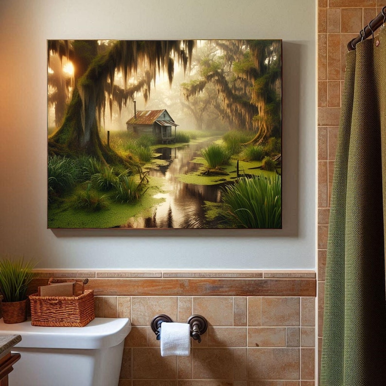 Louisiana Bayou Art Print - rustieke hut in Misty Swamp | Gedrukte muurkunst afbeelding 1