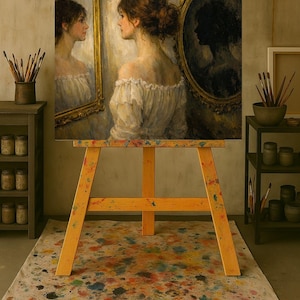 May include: An oil painting on an easel depicts a woman in a white dress, gazing at her reflection in a mirror. The artwork is framed by a gold border. Paint splatters cover the canvas on the floor.