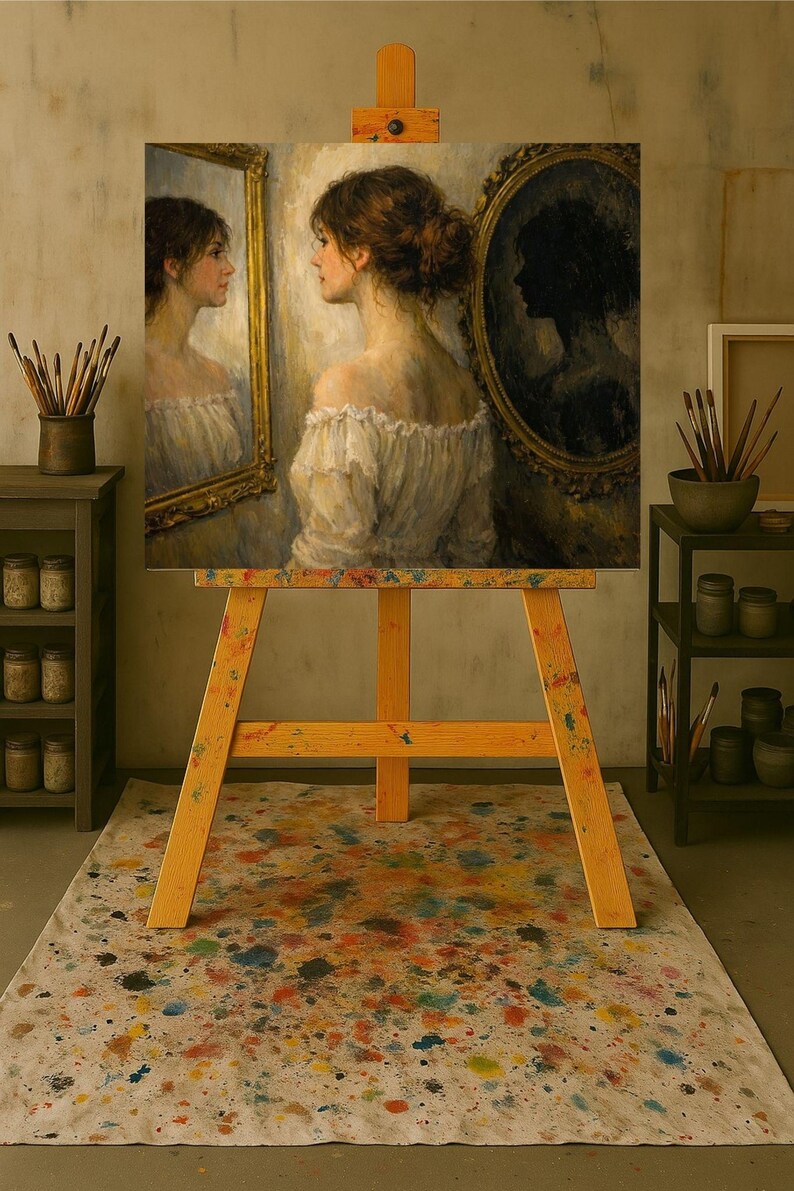 May include: An oil painting on an easel depicts a woman in a white dress, gazing at her reflection in a mirror. The artwork is framed by a gold border. Paint splatters cover the canvas on the floor.