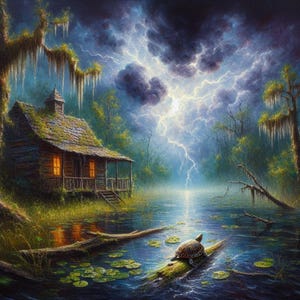 27-007 | Stormy Swamp Print: Turtle in the Storm – Louisiana Bayou Thunderstorms oil painting print (Digital Download)

Capture the haunting beauty of a Louisiana swamp in this high-resolution digital print, “Turtle in the Storm.” A rustic cabin glows warmly against a backdrop of lightning-split skies, moss-draped trees, and tranquil waters. In the foreground, a turtle rests on a mossy log surrounded by lily pads, embodying resilience and calm amid nature’s fury.
