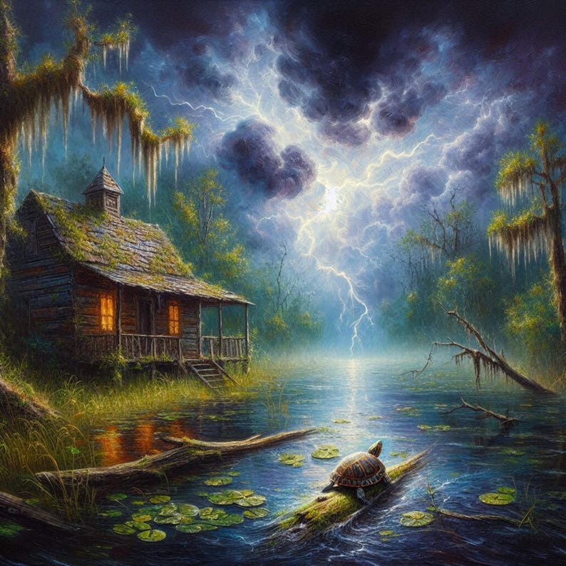 27-007 | Stormy Swamp Print: Turtle in the Storm – Louisiana Bayou Thunderstorms oil painting print (Digital Download)

Capture the haunting beauty of a Louisiana swamp in this high-resolution digital print, “Turtle in the Storm.” A rustic cabin glows warmly against a backdrop of lightning-split skies, moss-draped trees, and tranquil waters. In the foreground, a turtle rests on a mossy log surrounded by lily pads, embodying resilience and calm amid nature’s fury.