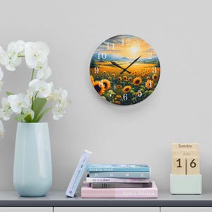 Sunflower Field Acrylic Wall Clock | Sunrise Landscape Art