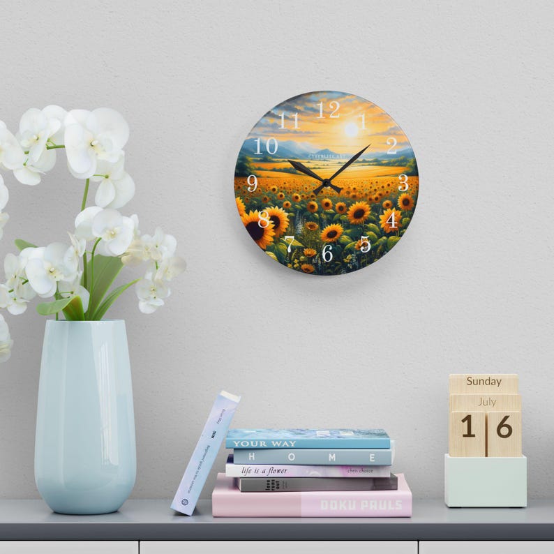 Sunflower Field Acrylic Wall Clock | Sunrise Landscape Art