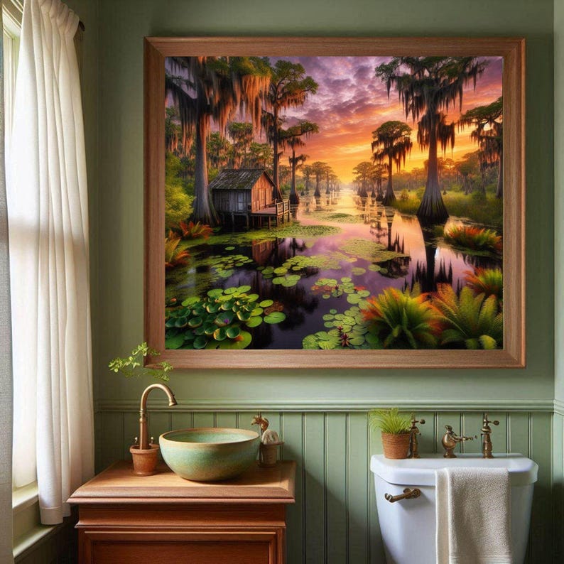 Poster | Louisiana Bayou Sunset Print: Swamp Art, Southern Landscape

This image captures the peaceful beauty of a Louisiana bayou at sunset. The sky is ablaze with rich hues of orange, pink, and purple, reflecting elegantly on the still water below. Towering cypress trees adorned with Spanish moss stand as silent sentinels, their reflections merging with the tranquil surroundings.