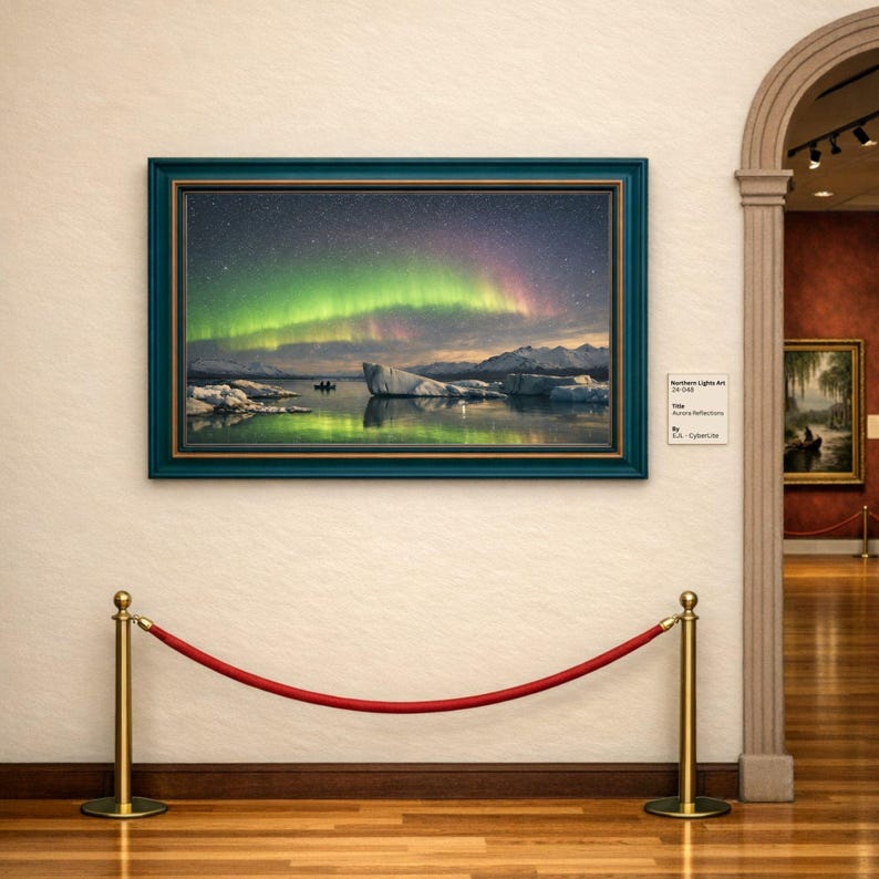 24-048 | Aurora Borealis Art, Reflections, Stargazers on the Ice, Northern Lights Print, Nature photography (Digital Download)

Experience the wonder of the northern lights with Aurora Reflections, a breathtaking fine‑art print capturing two stargazers adrift beneath a glowing Arctic sky. This Aurora Borealis scene blends vivid greens, soft pinks, and pale yellows reflected in still glacial waters — a moment of serenity and awe.