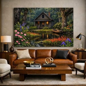 27-030 | Louisiana Bayou Art - Rustic Cabin Wall Print, Springtime on the bayou, (Digital Download). Step into the quiet beauty of a Louisiana spring morning with this richly detailed bayou art print. A rustic wooden cabin rests beside a calm pond surrounded by blooming hibiscus, lily pads, and moss-draped cypress trees.