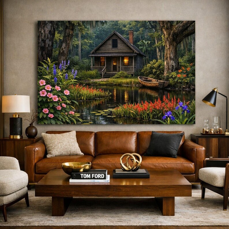 27-030 | Louisiana Bayou Art - Rustic Cabin Wall Print, Springtime on the bayou, (Digital Download). Step into the quiet beauty of a Louisiana spring morning with this richly detailed bayou art print. A rustic wooden cabin rests beside a calm pond surrounded by blooming hibiscus, lily pads, and moss-draped cypress trees.