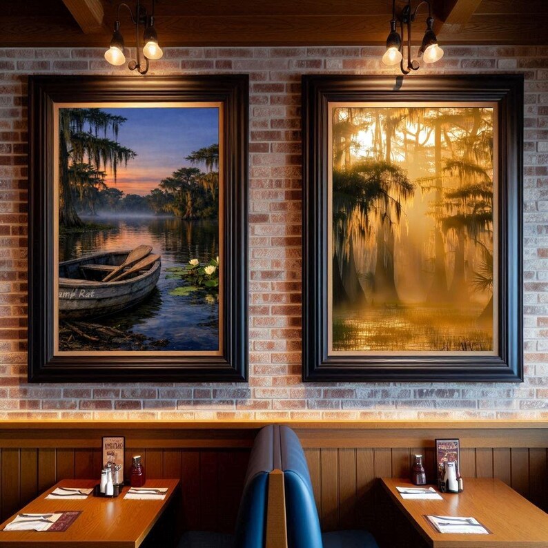 27-036 | Whispers of the Bayou | Louisiana bayou print, Southern Twilight Landscape Art (Digital Download)

A quiet hush settles over the Louisiana bayou as twilight drifts across still water. Mist rises between ancient cypress trees draped in long strands of Spanish moss, their reflections stretching across the glassy surface.
