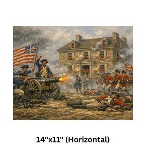 Poster | American Revolutionary Art | Battle of Germantown print.
Step back into the fog-shrouded fields of October 4, 1777, and witness the fierce, frustrating American assault on Cliveden—the Benjamin Chew House—during the pivotal Battle of Germantown in the American Revolutionary War. This museum-quality historical art print captures the dramatic chaos: Continental soldiers in blue coats charging through thick morning mist and gun smoke