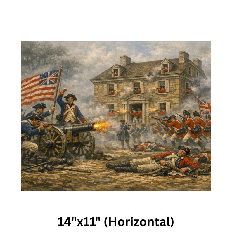 Poster | American Revolutionary Art | Battle of Germantown print.
Step back into the fog-shrouded fields of October 4, 1777, and witness the fierce, frustrating American assault on Cliveden—the Benjamin Chew House—during the pivotal Battle of Germantown in the American Revolutionary War. This museum-quality historical art print captures the dramatic chaos: Continental soldiers in blue coats charging through thick morning mist and gun smoke