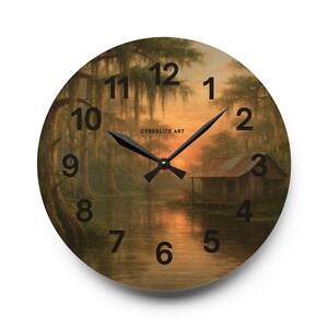 Bayou Sunset Acrylic Wall Clock, Louisiana Art, Rustic Swamp Cabin Art, Nature Print
Warm evening light filters across moss-draped cypress and a quiet swamp cabin on this acrylic wall clock. The soft, painterly scene brings a calm, reflective mood to a living room, reading nook, or bayou cottage. Lightweight yet durable, the glossy acrylic face keeps the colors rich while the easy keyhole slot on the back makes mounting effortless.