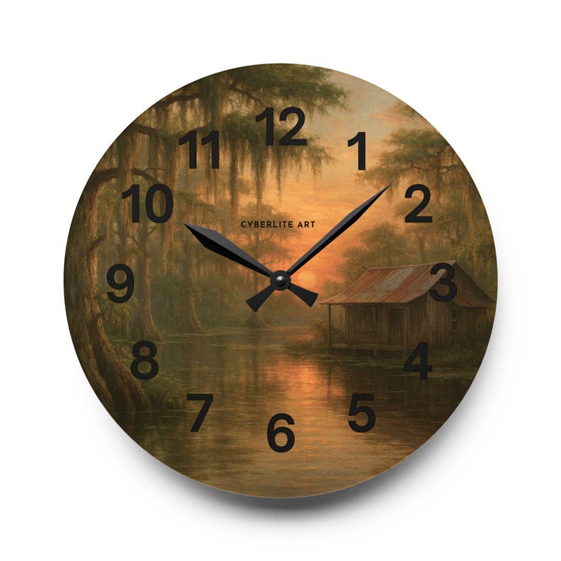 Bayou Sunset Acrylic Wall Clock, Louisiana Art, Rustic Swamp Cabin Art, Nature Print
Warm evening light filters across moss-draped cypress and a quiet swamp cabin on this acrylic wall clock. The soft, painterly scene brings a calm, reflective mood to a living room, reading nook, or bayou cottage. Lightweight yet durable, the glossy acrylic face keeps the colors rich while the easy keyhole slot on the back makes mounting effortless.