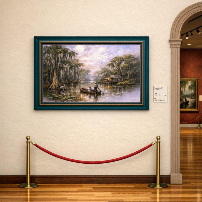 27-029 | Step into the peaceful heart of Louisiana with this tranquil swamp scene. “Life on the Swamp” captures the timeless beauty of a misty bayou at dusk, where a local couple glides quietly through the water in their wooden pirogue.