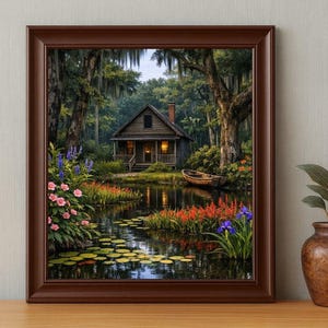 27-030 | Louisiana Bayou Art - Rustic Cabin Wall Print, Springtime on the bayou, (Digital Download). Step into the quiet beauty of a Louisiana spring morning with this richly detailed bayou art print. A rustic wooden cabin rests beside a calm pond surrounded by blooming hibiscus, lily pads, and moss-draped cypress trees.