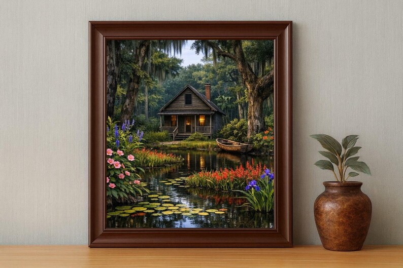 27-030 | Louisiana Bayou Art - Rustic Cabin Wall Print, Springtime on the bayou, (Digital Download). Step into the quiet beauty of a Louisiana spring morning with this richly detailed bayou art print. A rustic wooden cabin rests beside a calm pond surrounded by blooming hibiscus, lily pads, and moss-draped cypress trees.