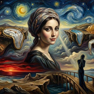 32-006 | Surreal Portrait Wall Art | Dreamlike Landscape with Melting Clocks, Fantasy Ocean Scene, (Digital Download)

Transform your space with this Surreal Wall Art Print, a stunning fusion of Van Gogh’s swirling Starry Night sky, Salvador Dalí’s melting clocks, and the timeless elegance of the Girl with a Pearl Earring.