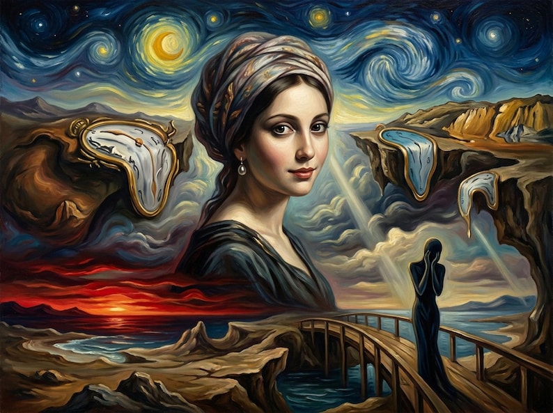 32-006 | Surreal Portrait Wall Art | Dreamlike Landscape with Melting Clocks, Fantasy Ocean Scene, (Digital Download)

Transform your space with this Surreal Wall Art Print, a stunning fusion of Van Gogh’s swirling Starry Night sky, Salvador Dalí’s melting clocks, and the timeless elegance of the Girl with a Pearl Earring.