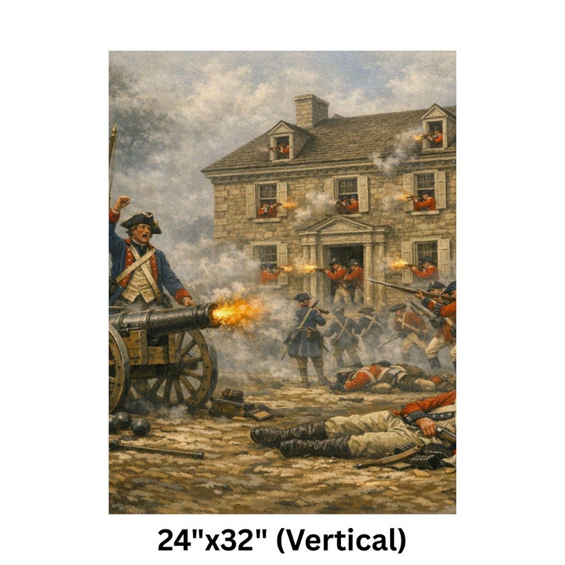 May include: A vertical print showing a historical battle scene. A cannon fires, with soldiers in blue and red uniforms fighting near a stone building. The print measures 61cm x 81cm.
