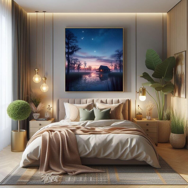 Louisiana Bayou Cabin Art – Mystical Cypress Swamp Twilight Print (Digital Download)