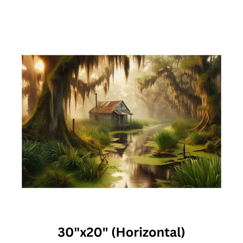 9-0128 | Louisiana Art | Southern Paradise - Rustic Louisiana Bayou Hideaway, Backwoods Bayou Art | Cajun Country Artwork. Poster printed on Museum-grade 300gsm satin paper will be shipped to your chosen address within the United States.

Bring the mysterious beauty of the Southern bayou into your home with this atmospheric art print featuring a rustic wooden cabin nestled in a misty swamp. Spanish moss drapes from ancient cypress trees as golden sunlight filters through the morning fog