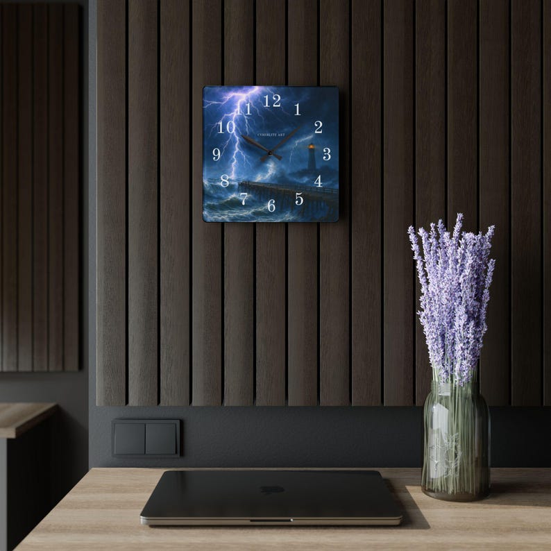 Stormy Carolina Lighthouse Acrylic Wall Clock

Bring the wild coastal sky into your room with this acrylic wall clock featuring the Stormy Carolina Lighthouse. The image captures a dramatic, wind-swept evening where waves press darkly against the rocks and the lighthouse beam slices through low clouds.