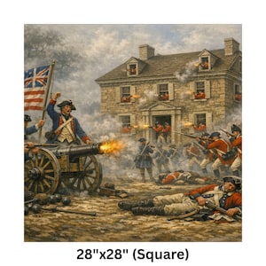 May include: Square canvas print showing a historical battle scene. A cannon fires, soldiers in blue and red uniforms fight near a stone building. The American flag waves. The print measures 71cm x 71cm.